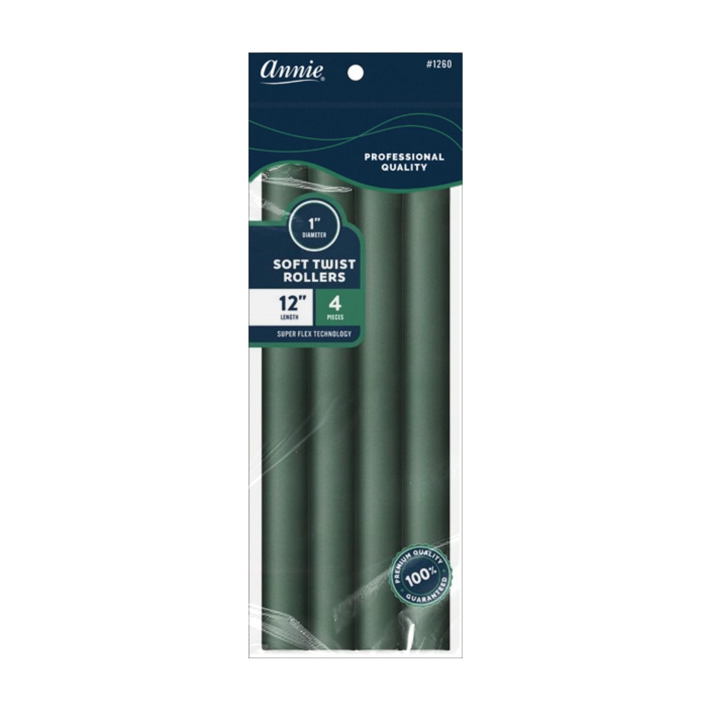 Annie Soft Twist Hair Rollers 1 Inch, 4 Count, Green side-by-side in packaging, featuring soft flexible rods designed for gentle styling and natural curls.