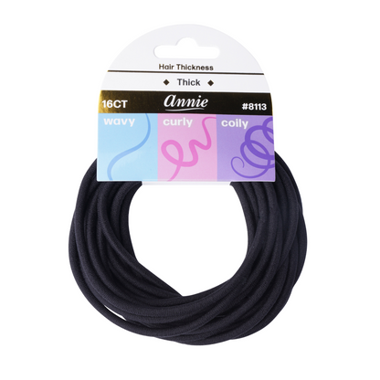 Annie Elastic Ponytailer 4mm x 10.5", 16 count black thick hair ties for wavy, curly, and coily hair.