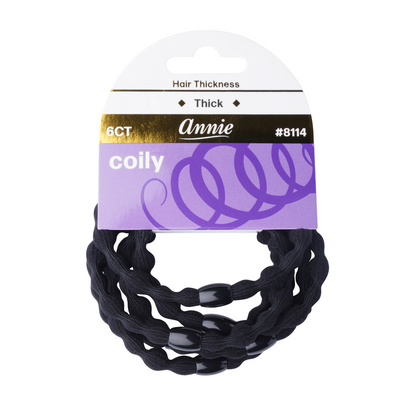 Annie Elastic Ponytailer 6 count black with beads, designed for thick and coily hair, strong hold without damage.