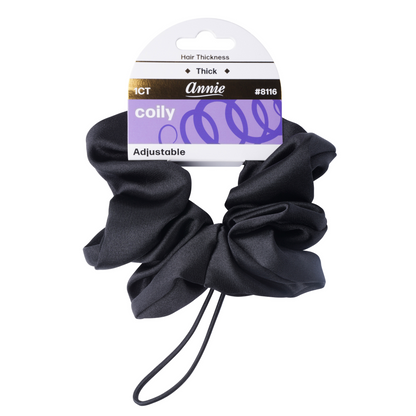 Annie Satin Adjustable Scrunchie in black, designed for thick and coily hair with adjustable elastic band.