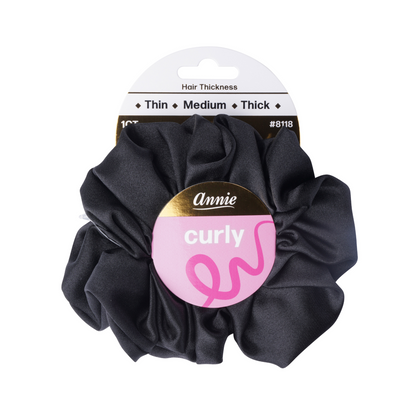 Annie Satin Jumbo Twister Scrunchie in black with soft fabric for medium to thick curly hair types.