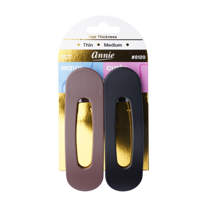 Annie 10cm flat lay claw clips in black and brown, 2 count, designed for thin to medium hair thickness.