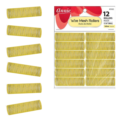 Yellow wire mesh rollers with a package labeled 'Annie Wire Mesh Rollers' on a white background.