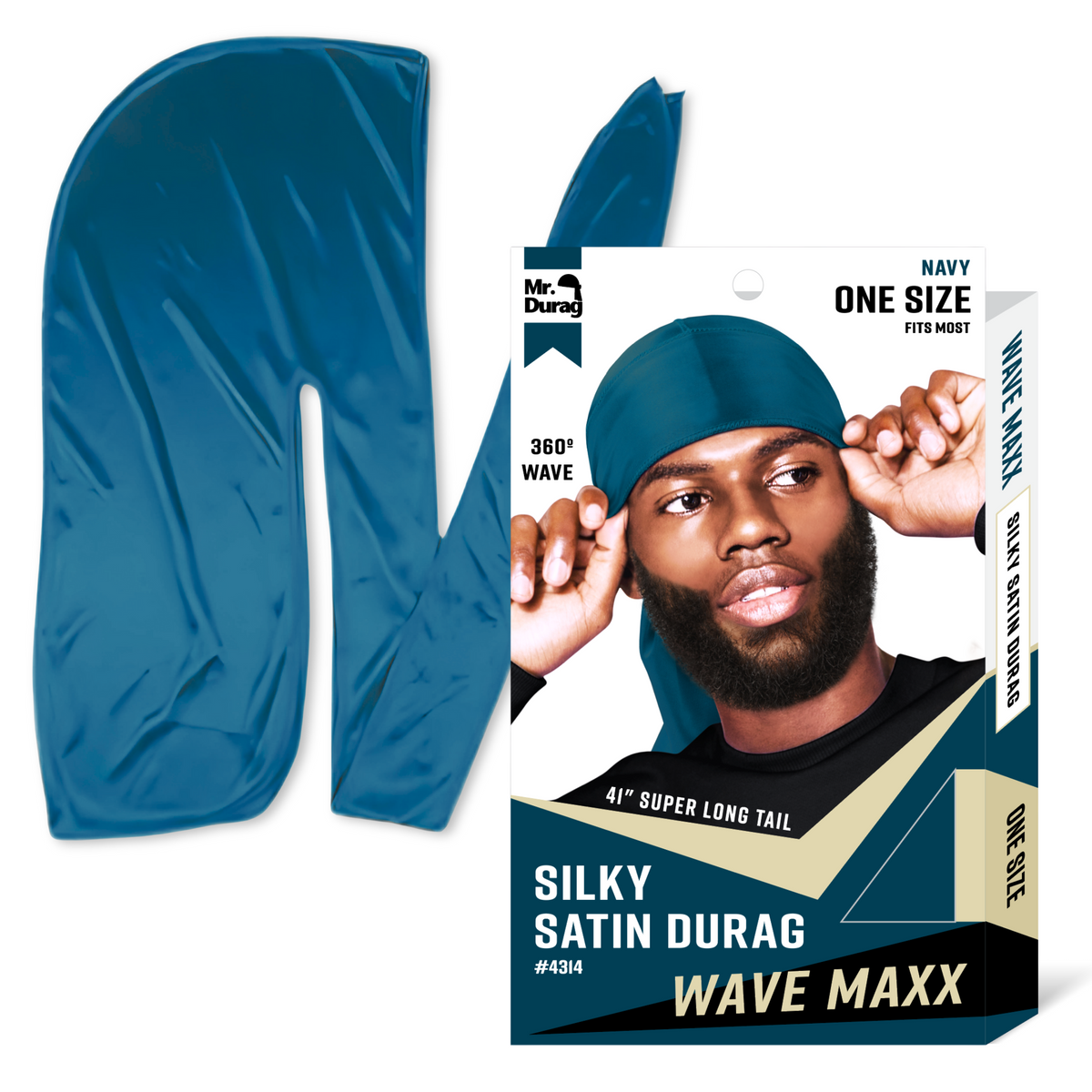 Navy Mr. Durag Wave Maxx silky satin durag with 41-inch super long tail for 360 wave styling and comfortable fit