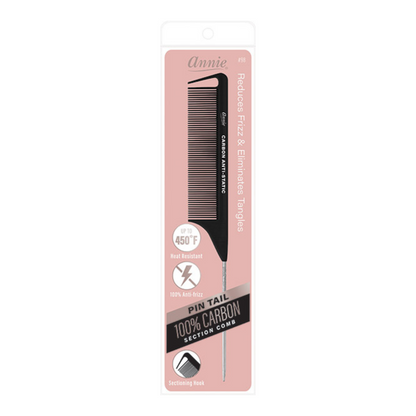 Annie Carbon Fiber Pin Tail Comb black heat resistant section comb with fine teeth and anti-frizz properties in package