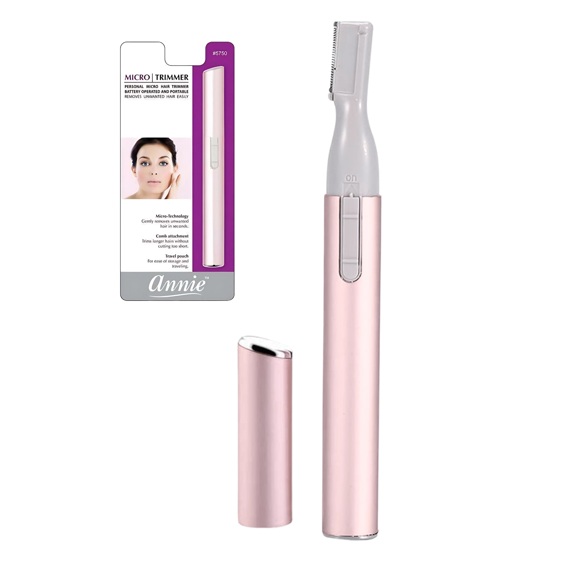 Annie Micro Facial Trimmer in pink with protective cap, designed for gentle and precise removal of unwanted facial hair.