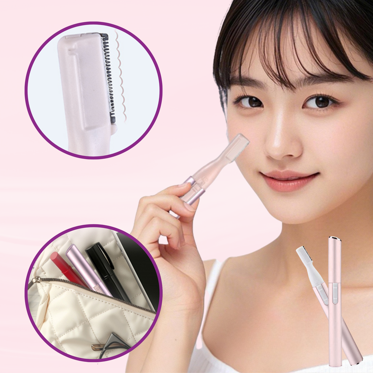 Annie Micro Facial Trimmer in pink, slim design for precise facial hair removal and easy portability in a purse or bag.