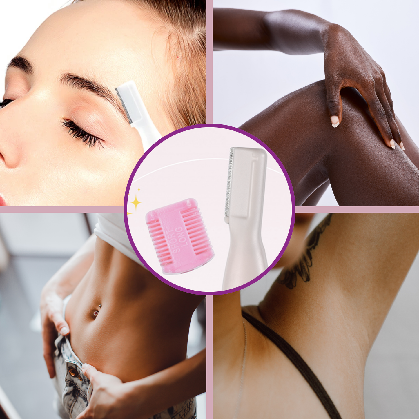Annie Micro Facial Trimmer in pink with protective cap, shown with close-ups of smooth skin on face, arms, stomach, and underarm.