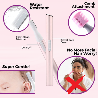 Annie Micro Facial Trimmer in pink with easy-clean blade, comb attachment, water-resistant design, and travel-safe cover for gentle hair removal.