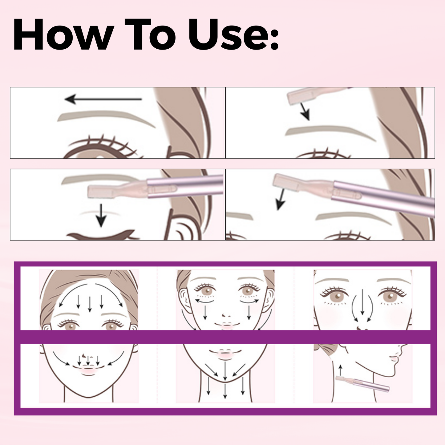 Step-by-step illustrated guide showing how to use the Annie Micro Facial Trimmer on various facial areas for precise hair removal.