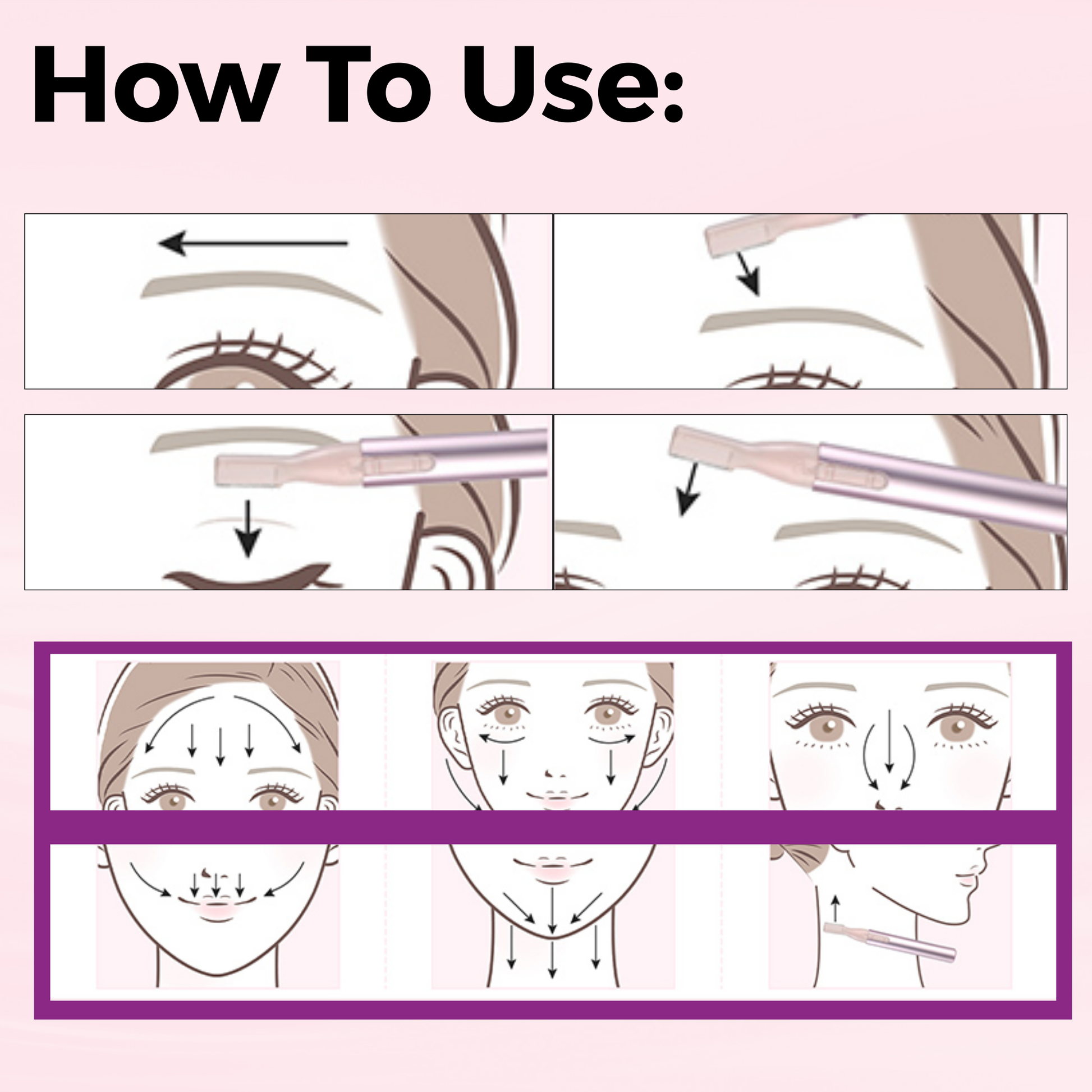 Step-by-step illustrated guide showing how to use the Annie Micro Facial Trimmer on various facial areas for precise hair removal.
