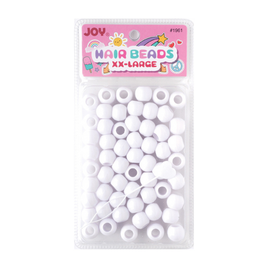 Joy Round Plastic Beads XX-Large White for braiding and dreadlocks, packaged in clear plastic with pink label.