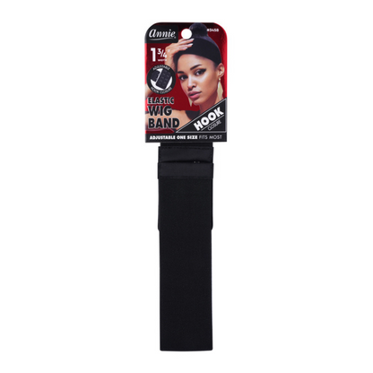 Annie Hook Wig Band 4.5cm Black displayed in original packaging, featuring a stretchy elastic band with hook closure designed for secure, comfortable wig wear and styling support.