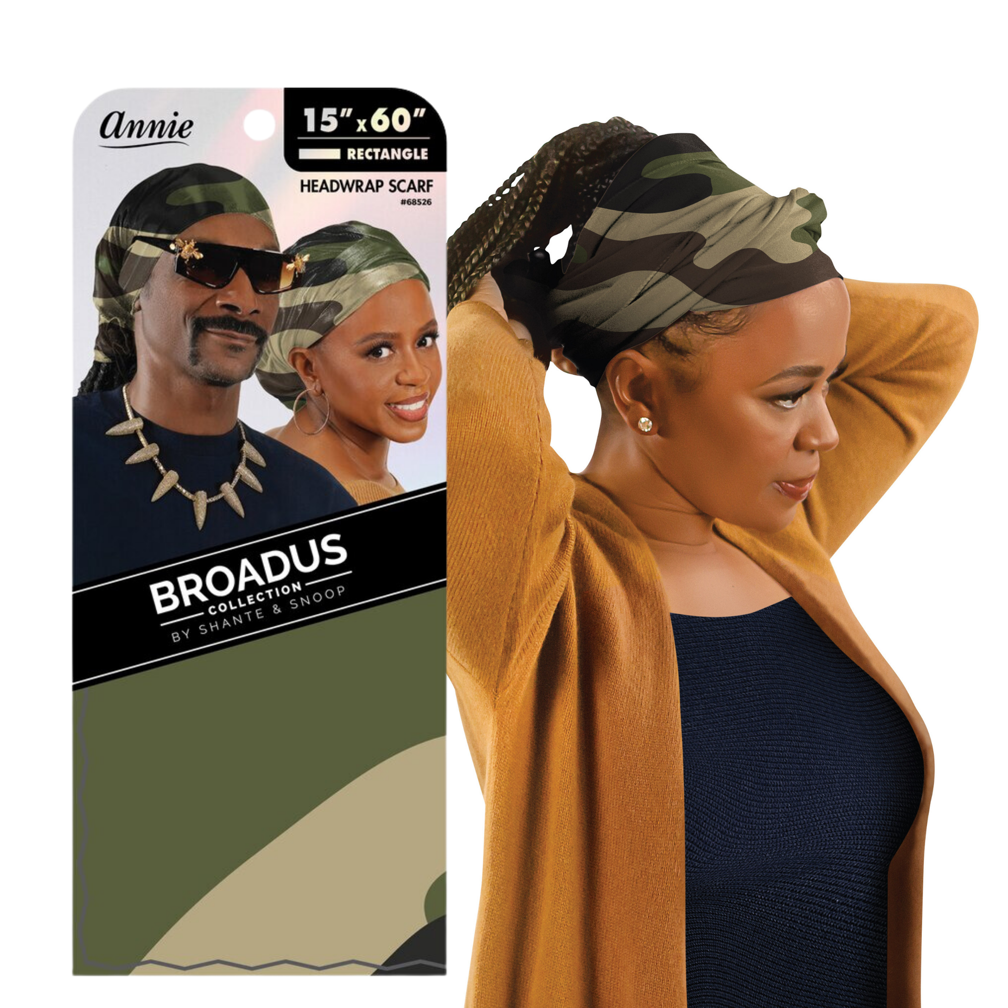 Broadus Collection camo head scarf by Shante & Snoop Dogg, silky smooth, versatile 15x60 inch rectangle wrap.