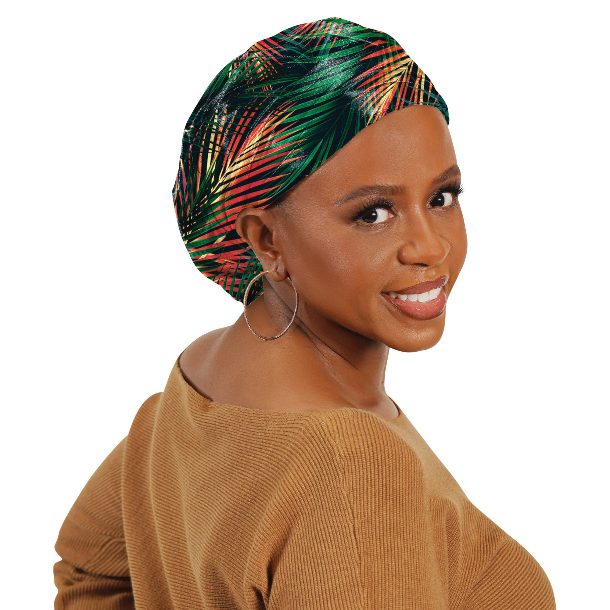Shante Broadus wife of Snoop Dogg modeling an Island Palms Broadus Collection silky smooth head wrap scarf
