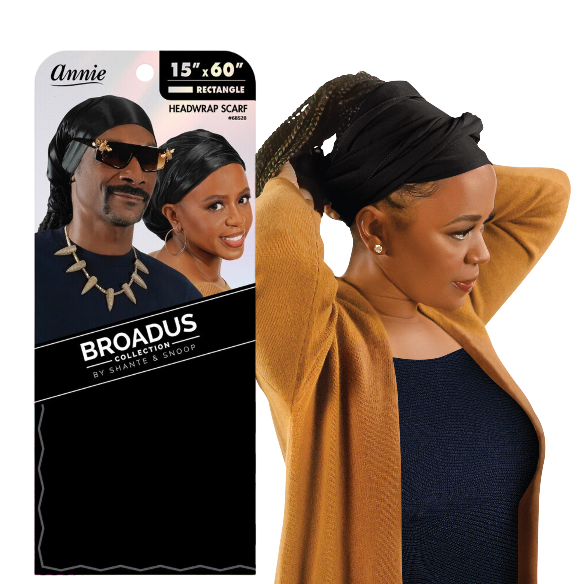 Black Broadus Collection headwrap scarf by Shante & Snoop Dogg, 15x60 inches, worn by woman with braided hair styled back