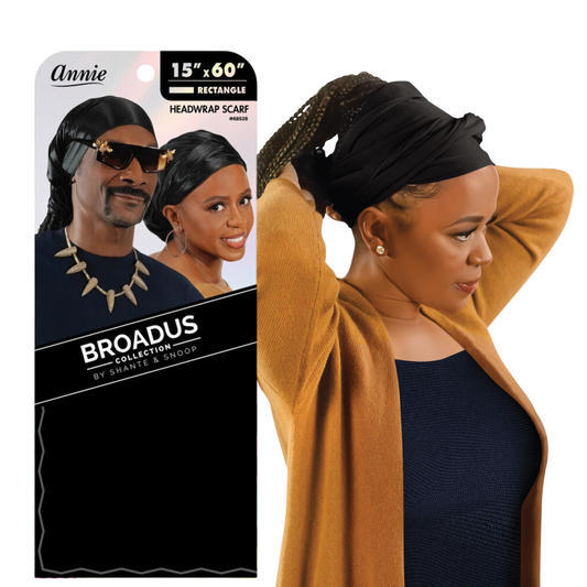 Black Broadus Collection headwrap scarf by Shante & Snoop Dogg, 15x60 inches, worn by woman with braided hair styled back