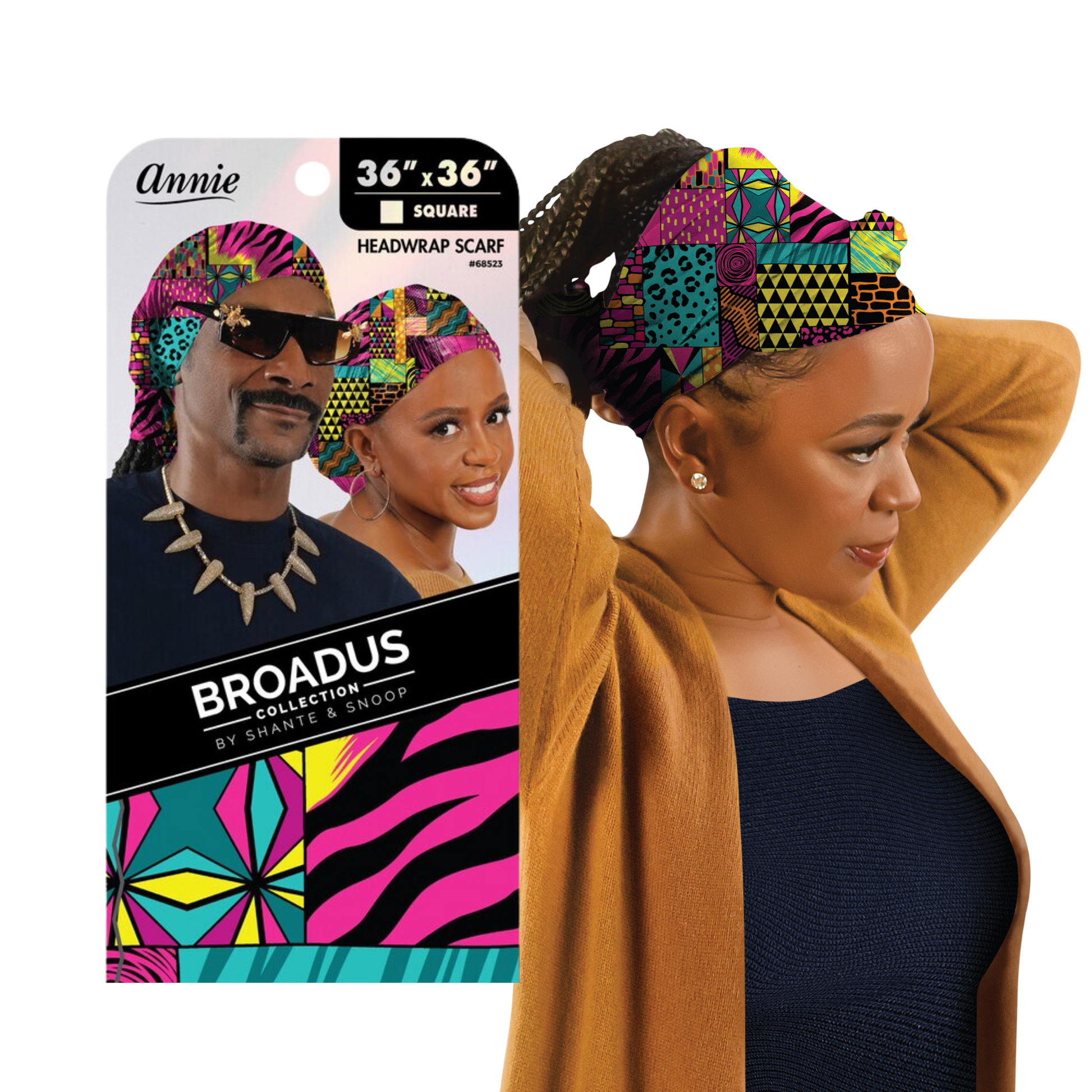 Broadus Collection vibrant patterned 36x36 inch head scarf by Shante & Snoop Dogg styled on woman with braids