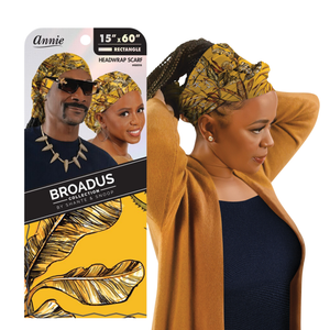 Broadus Collection golden tropical print head scarf by Shante & Snoop Dogg, silky smooth 15x60 inch rectangle wrap.