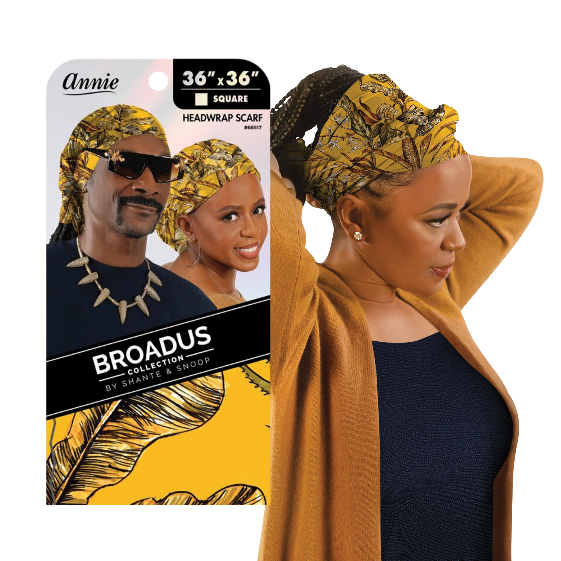 Broadus Collection 36x36 inch golden tropics silky square head scarf by Shante & Snoop Dogg styled on woman and man