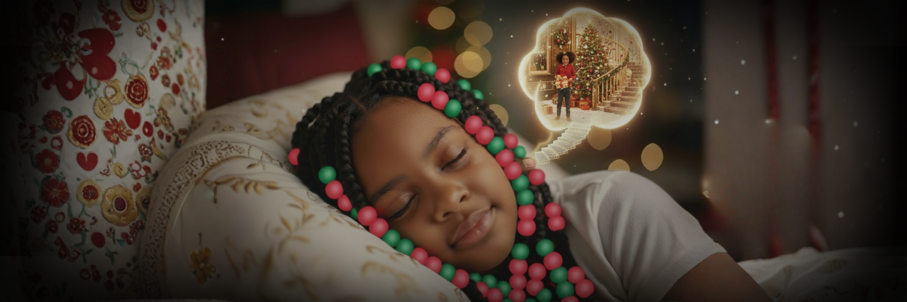 Young girl with colorful braided hair sleeping peacefully with a glowing dream bubble above her head at night