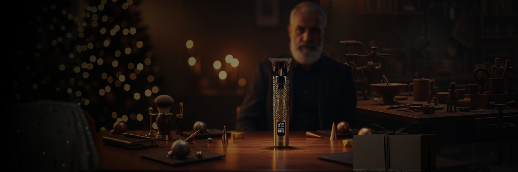Bearded man sitting at a wooden table with antique scientific instruments and a decorated Christmas tree blurred in background