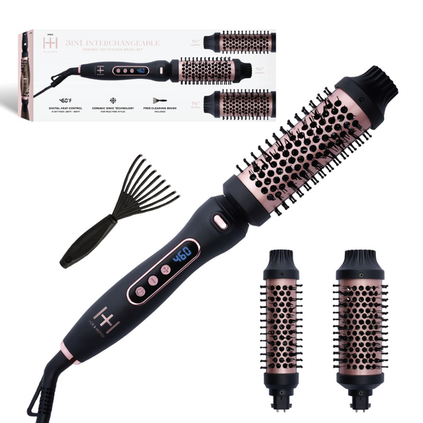 Hot & Hotter 3 in 1 Interchangeable Ceramic Hot Styling Brush Set with digital display and three brush barrels in black.