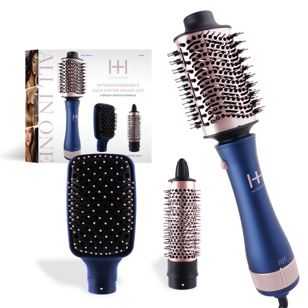 Hot & Hotter All-In-One Interchangeable Hair Dryer Brush with three styling heads and blue ergonomic handle.