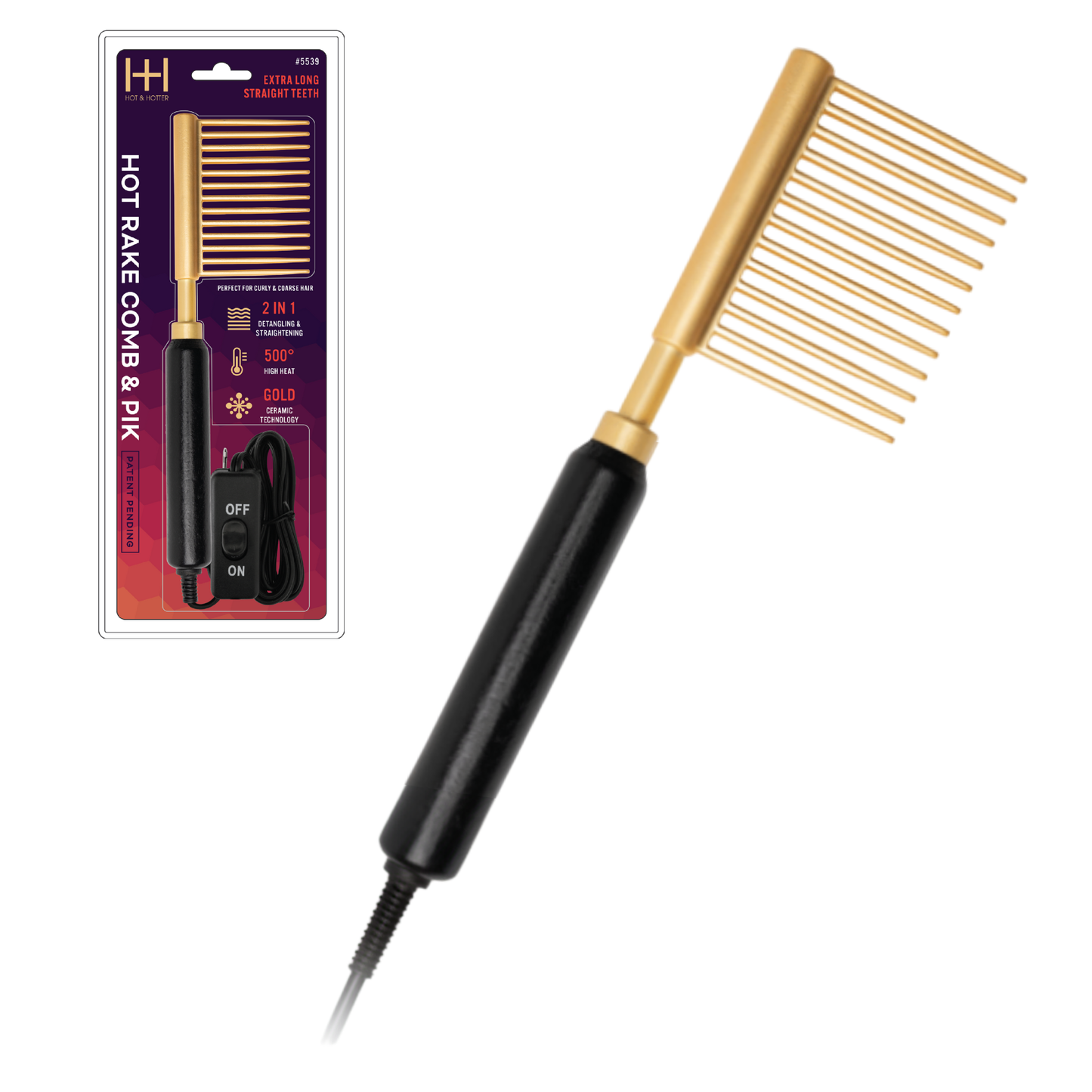Hot & Hotter Ceramic Hot Rake Comb & Pik, 1 Count, Hair Straightener, Gold