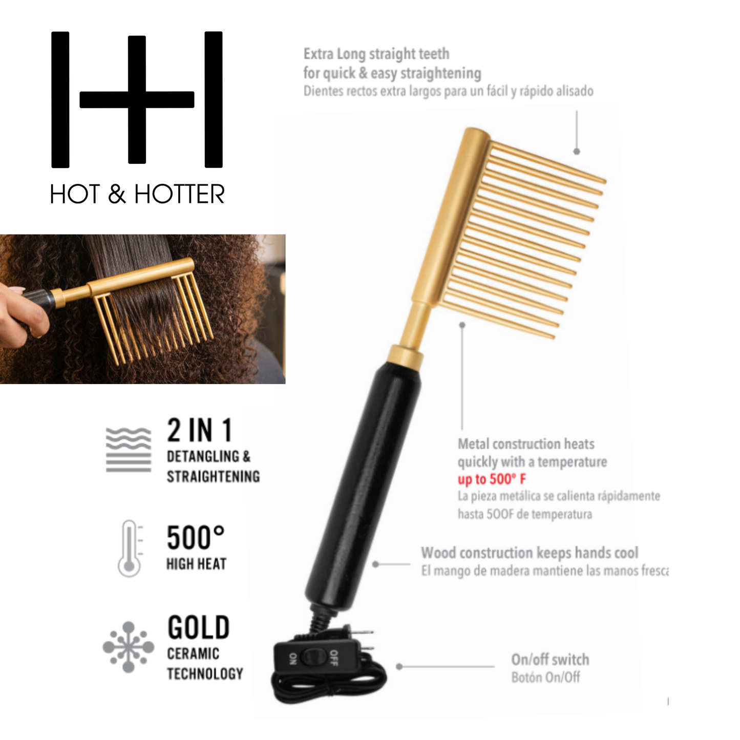 Hot & Hotter Ceramic Hot Rake Comb & Pik, 1 Count, Hair Straightener, Gold