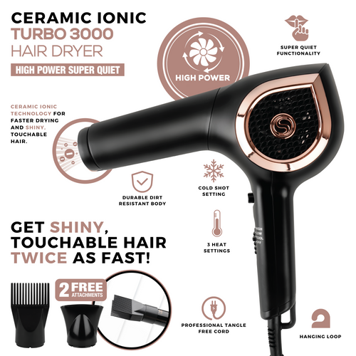 Hot & Hotter Ceramic Ionic Turbo 3000 Hair Dryer