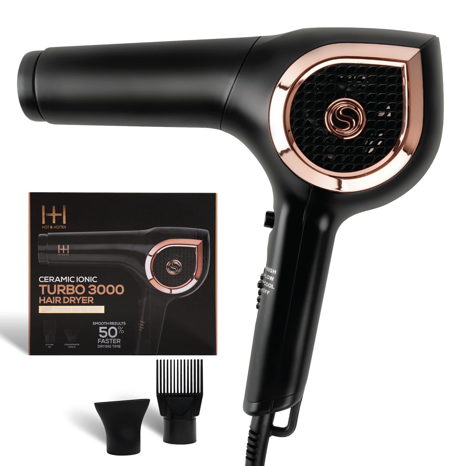 Hot & Hotter Ceramic Ionic Turbo 3000 Hair Dryer in black and rose gold with concentrator and hair pick attachments.