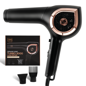 Hot & Hotter Ceramic Ionic Turbo 3000 Hair Dryer in black and rose gold with concentrator and hair pick attachments.