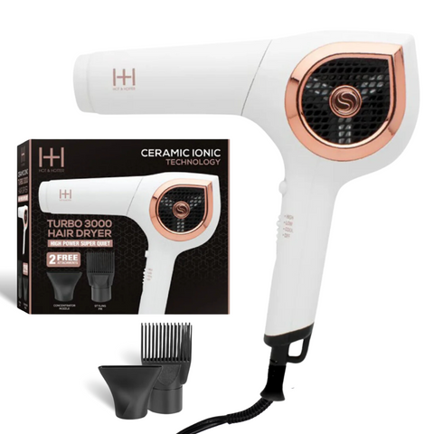 Hot & Hotter Turbo 3000 Hair Dryer White | Gold Series, Ionic