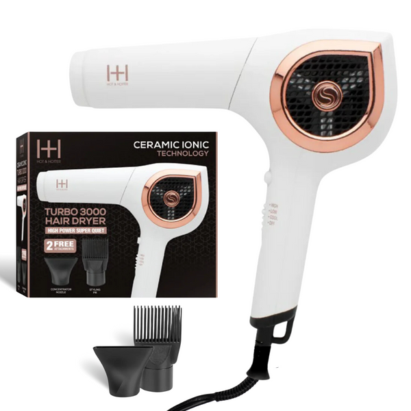 Hot & Hotter Ceramic Ionic Turbo 3000 Hair Dryer in white with two attachments and ceramic ionic technology.