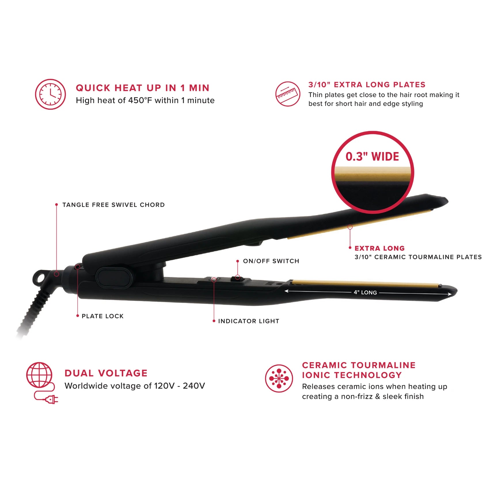 Hot Hotter Pencil Ceramic Tourmaline Flat Iron 3/10in, Count