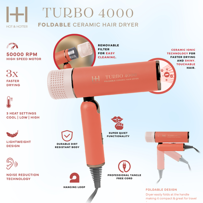 Orange foldable Hot & Hotter Ceramic Turbo 4000 hair dryer with removable filter and three heat settings for fast drying
