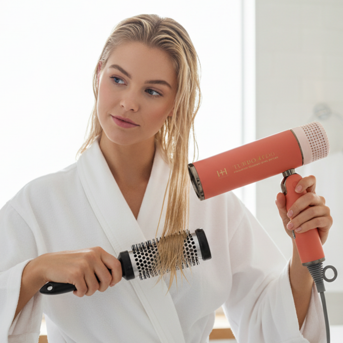 Woman in white robe blow-drying wet hair with orange Hot & Hotter Ceramic Turbo 4000 foldable hair dryer and round brush