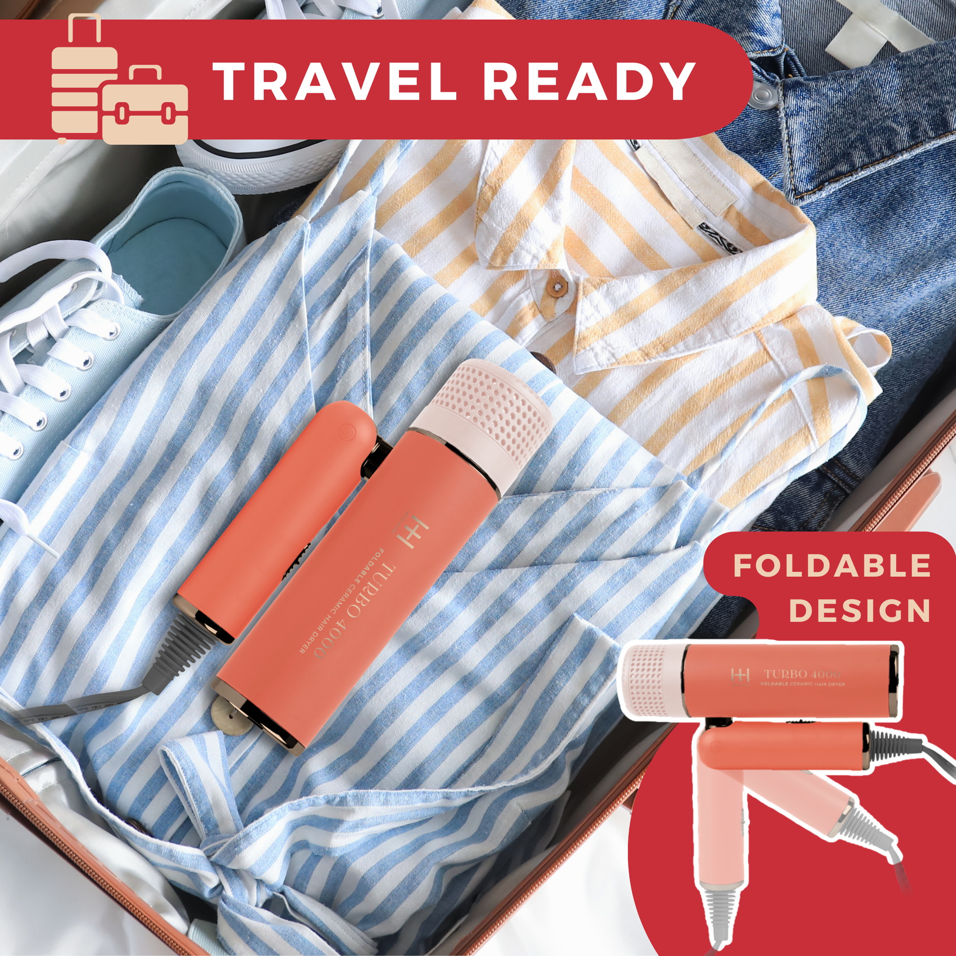 Orange Hot & Hotter Ceramic Turbo 4000 foldable hair dryer packed in suitcase with travel-ready label and folded design inset