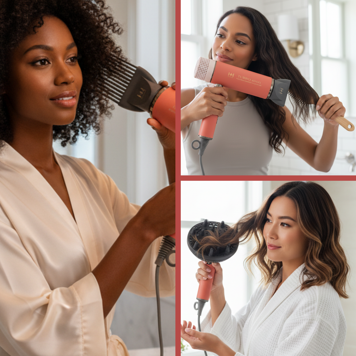 Three women using the orange Hot & Hotter Ceramic Turbo 4000 foldable hair dryer with brush and diffuser attachments at home