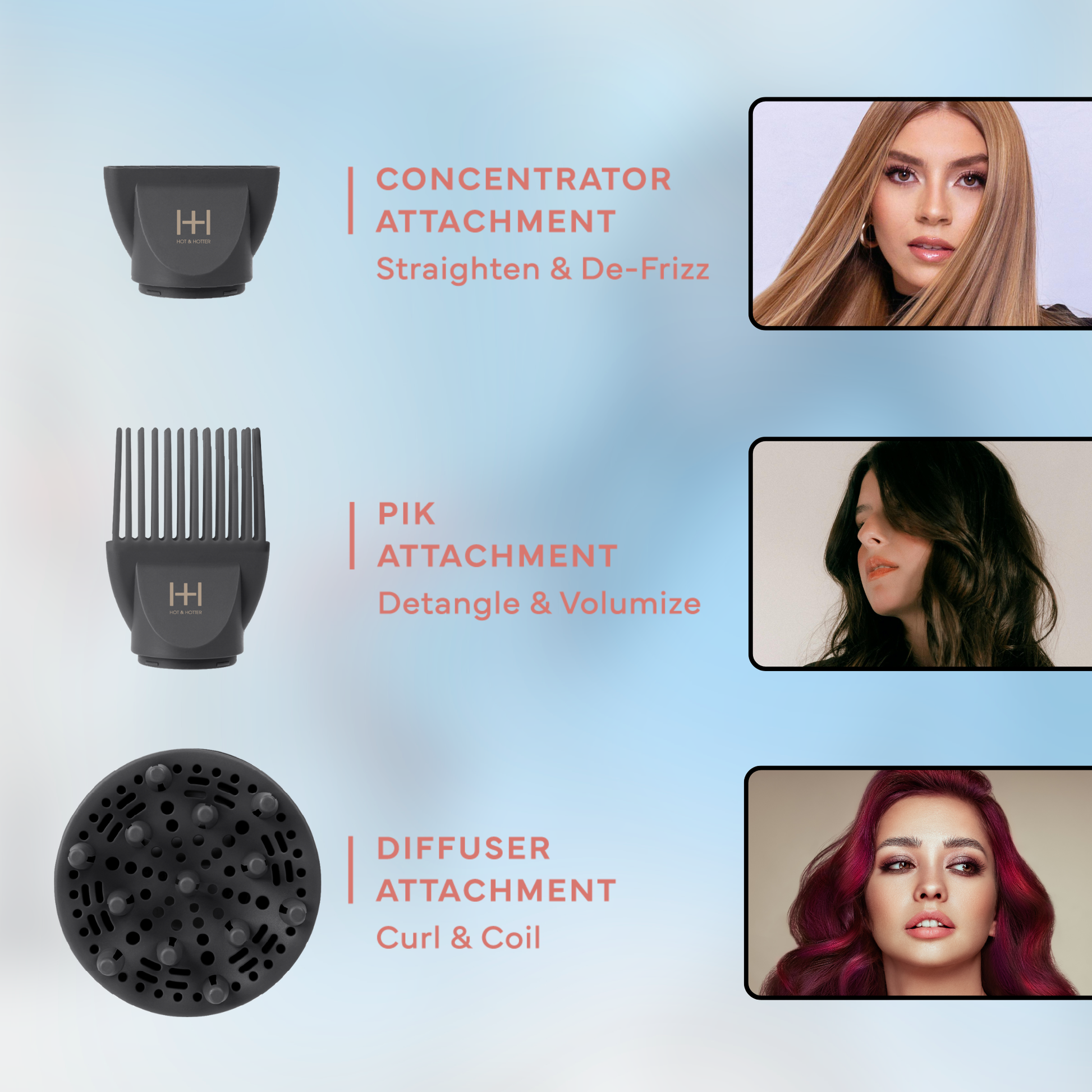Three Hot & Hotter hair dryer attachments—concentrator, pik, diffuser—with example models showing styling effects