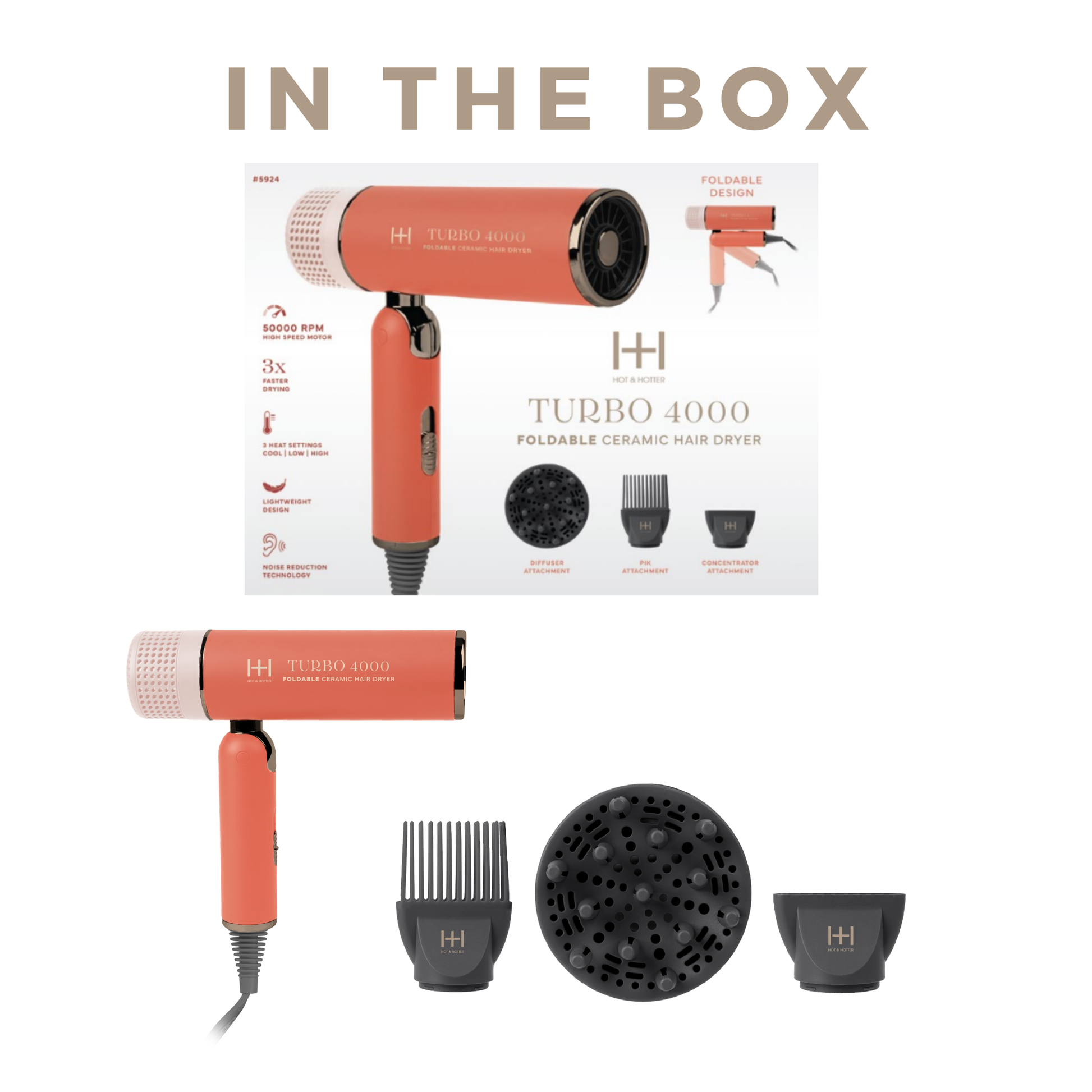 Orange Hot & Hotter Ceramic Turbo 4000 foldable hair dryer with diffuser, pik, and concentrator attachments displayed with packaging box