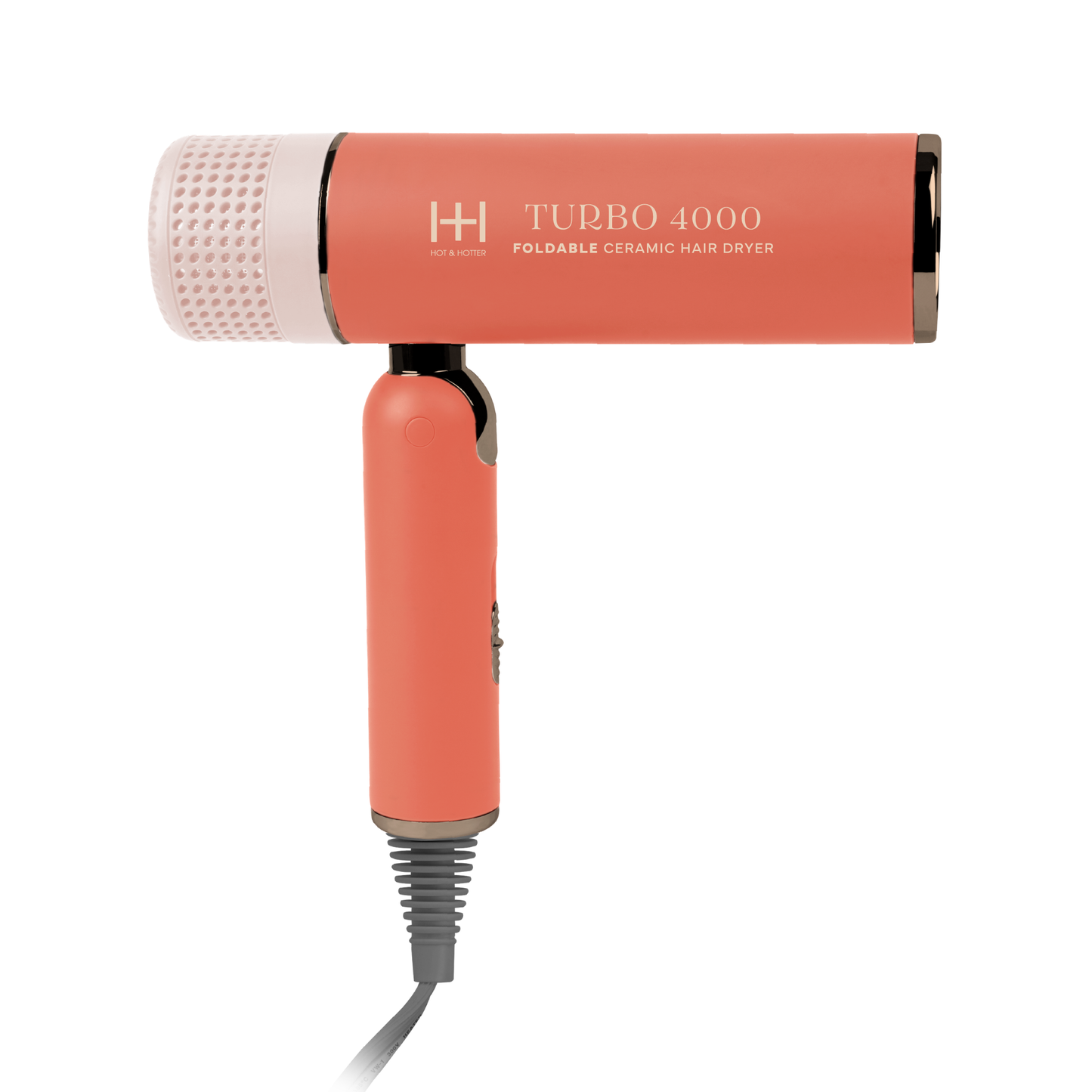 Orange Hot & Hotter Turbo 4000 foldable ceramic hair dryer with compact design and black power cord attached