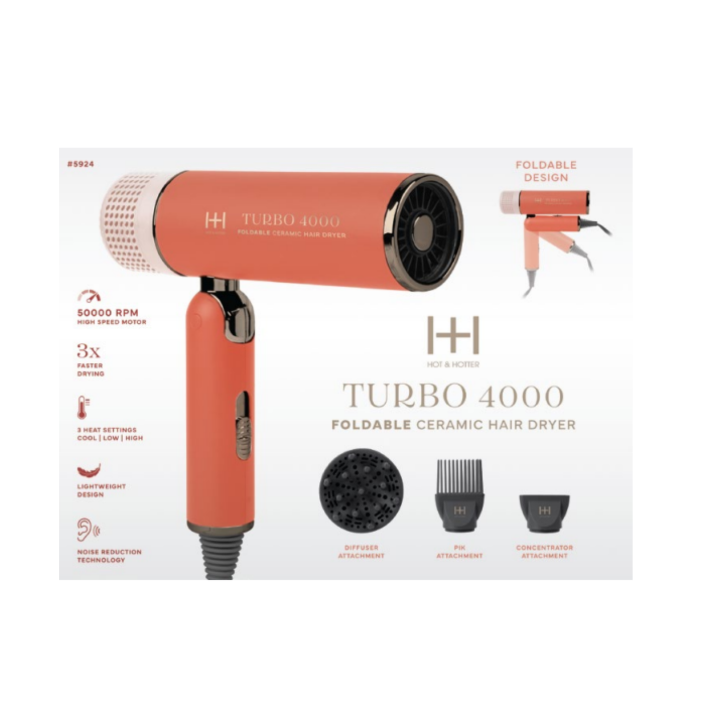 Orange Hot & Hotter Turbo 4000 foldable ceramic hair dryer with diffuser, pik, and concentrator attachments shown with features icons