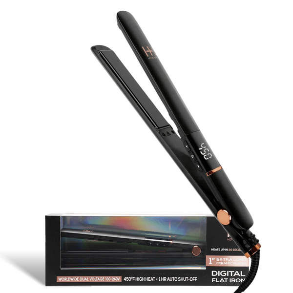 Hot & Hotter Extra Long Ceramic Digital Flat Iron 1in Black with digital display and gold trim, heats up to 450°F fast