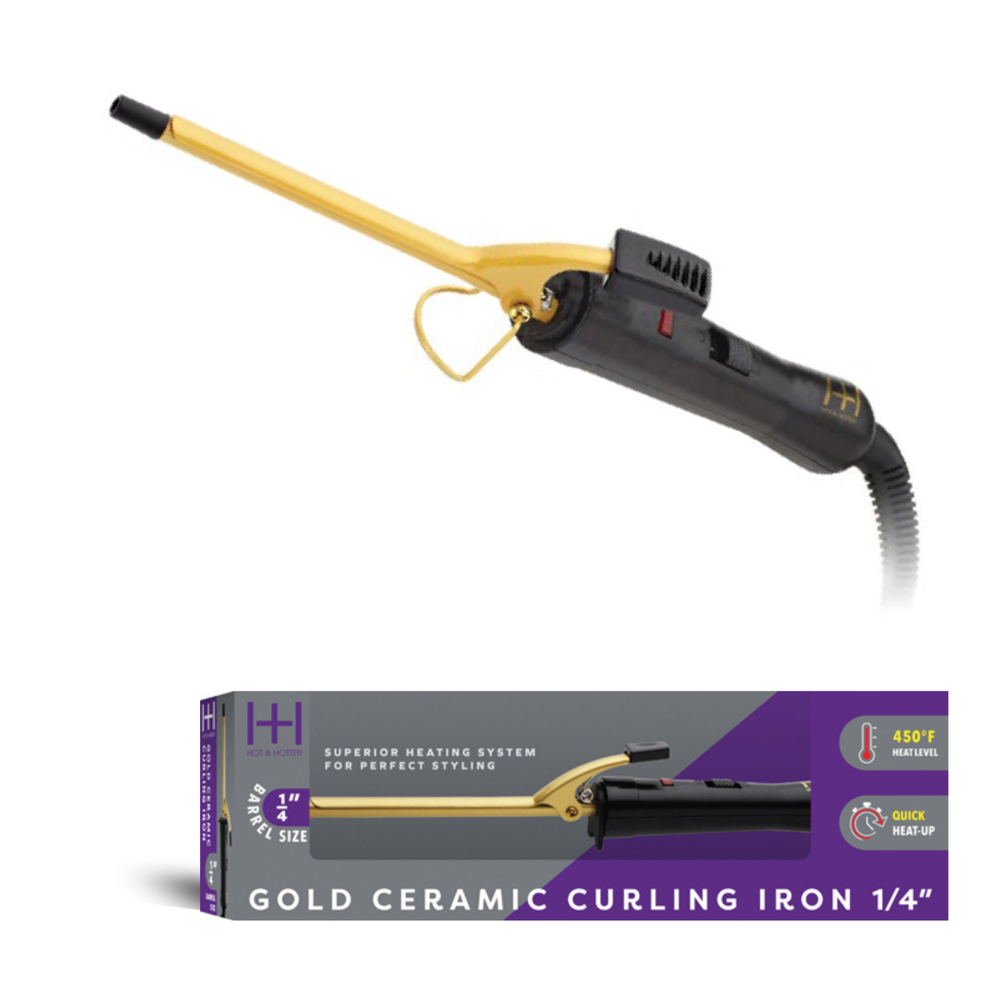 Gold ceramic curling iron with packaging on a white background