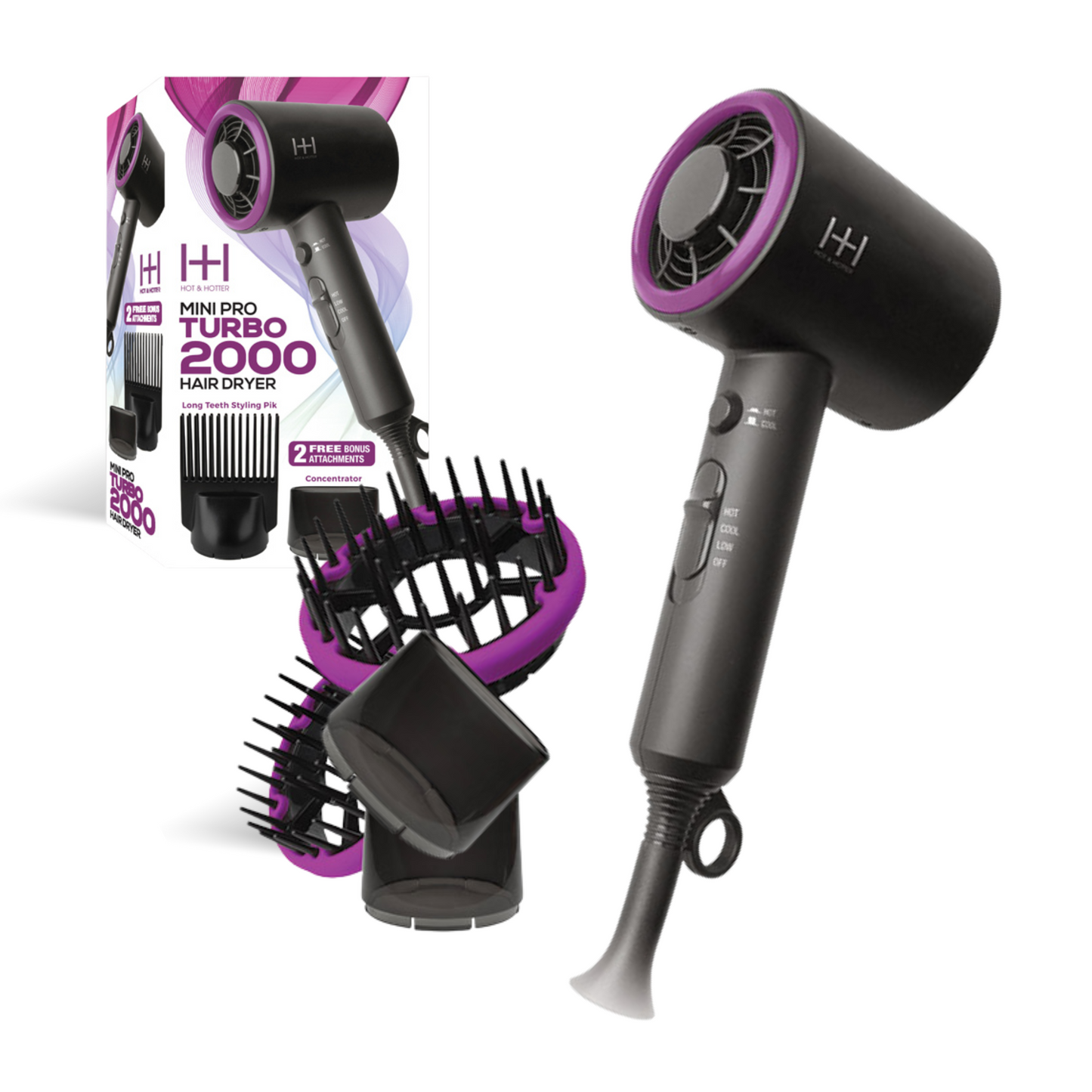 Hot & Hotter MiniPro Turbo 2000 travel hair dryer with ceramic ionic grill, 3 heat and speed settings, and two styling attachments