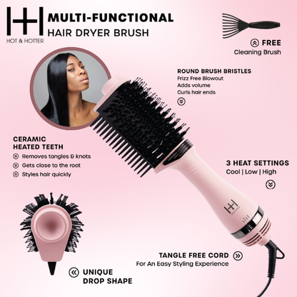 Multifunctional hair dryer brush with features highlighted on a pink background