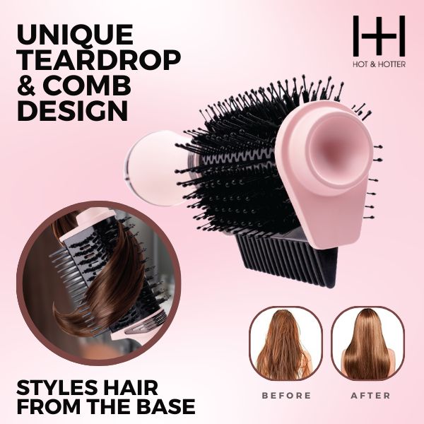 Hair styling tool with teardrop and comb design on a pink background, featuring the brand 'Hot & Hotter'.