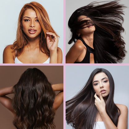 Collage of four women with different hair styles on a pink background